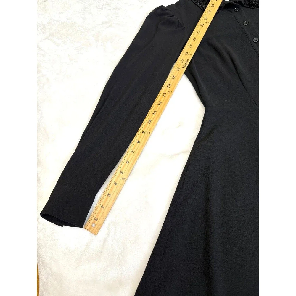 H&M Black Beaded Collar Shirt Dress US 4 Button Front Fit Flare Long Sleeve